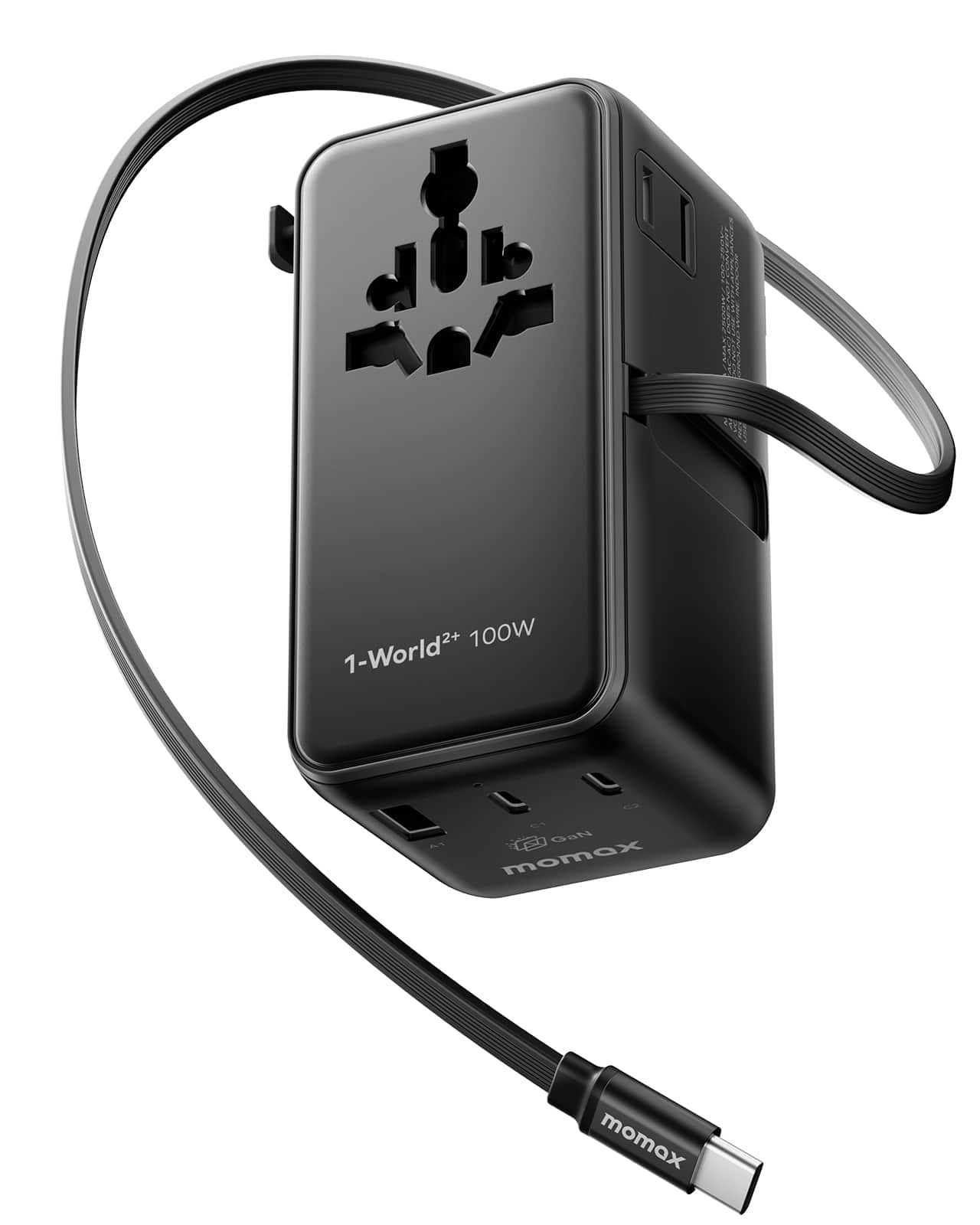 Momax - 1-World²⁺ 100W Universal Travel Adapter, 4-Port with Built-In Retractable Cable and Dual AC Perfect for Laptop - Black