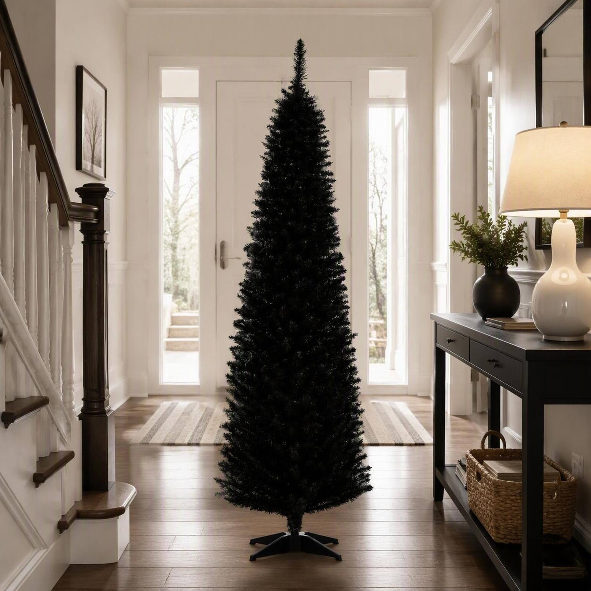 Alt View 1. RYHNUYNE - Slim Artificial Christmas Tree With Realistic Branch Tips, Plastic Stand Hinged Design Easy Setup Holiday Decor - Black.