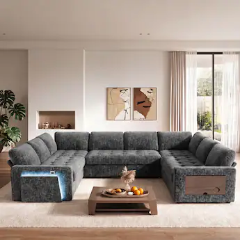 Dyonery - 8-Seat Modular Sectional Sleeper Sofa with Pull Out Bed/Reclining Backrest/USB Ports/Table/LED Light/Storage