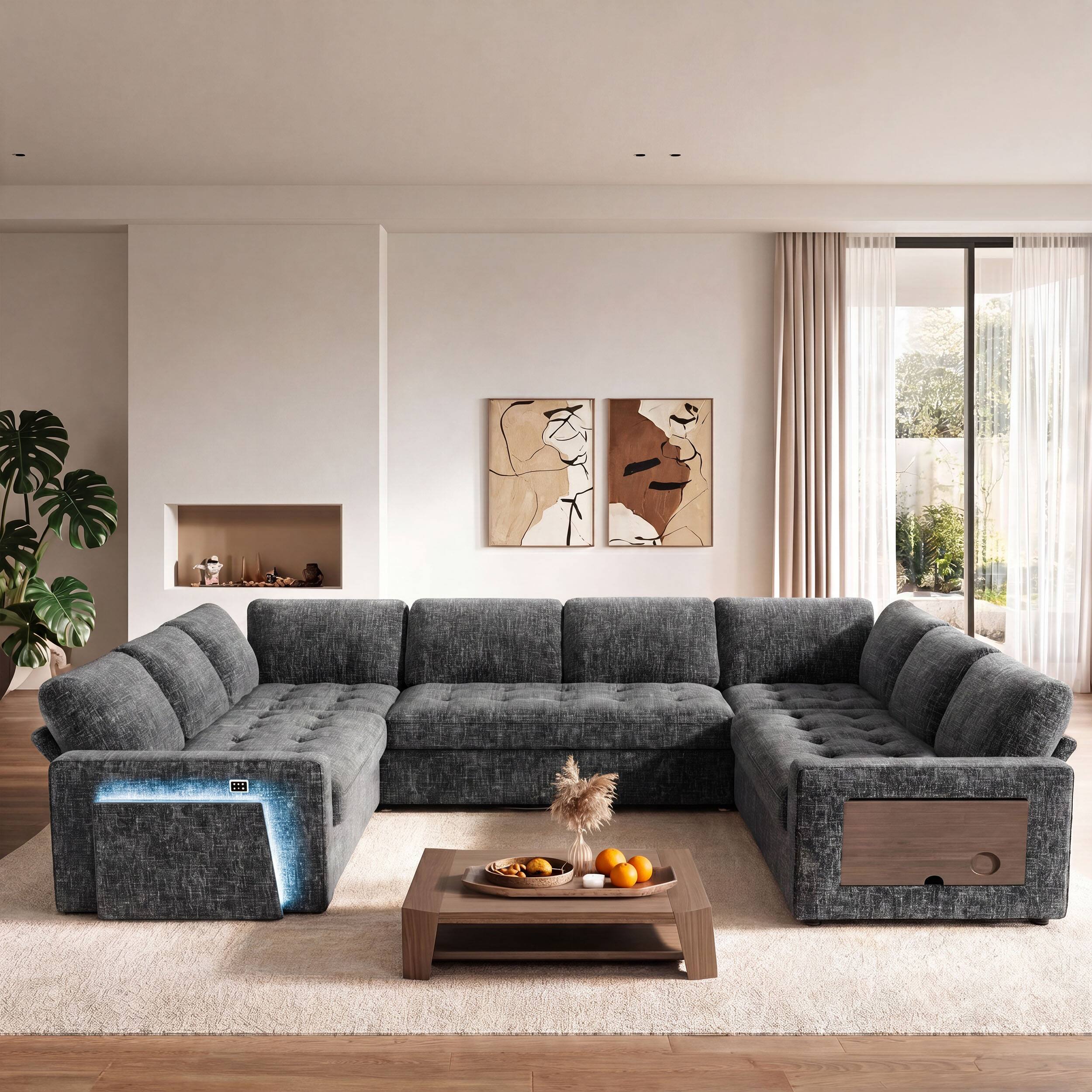 Angle. Dyonery - 8-Seat Modular Sectional Sleeper Sofa with Pull Out Bed/Reclining Backrest/USB Ports/Table/LED Light/Storage - Gray.
