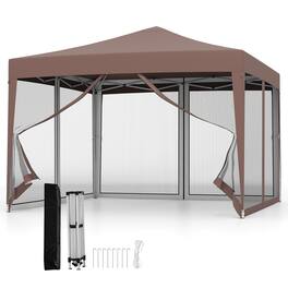 Gymax - 10 FT x 10 FT Pop-Up Canopy Tent w/ Mesh Netting Carry Bag 8 Stakes & 4 Ropes Outdoor Rustic Brown - Coffee