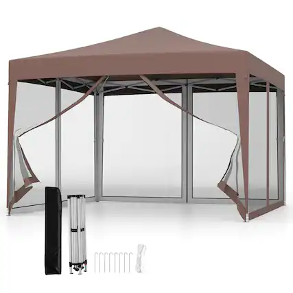 Front. Gymax - Gymax 10 FT x 10 FT Pop-Up Canopy Tent w/ Mesh Netting Carry Bag 8 Stakes & 4 Ropes Outdoor Rustic Brown - Coffee.