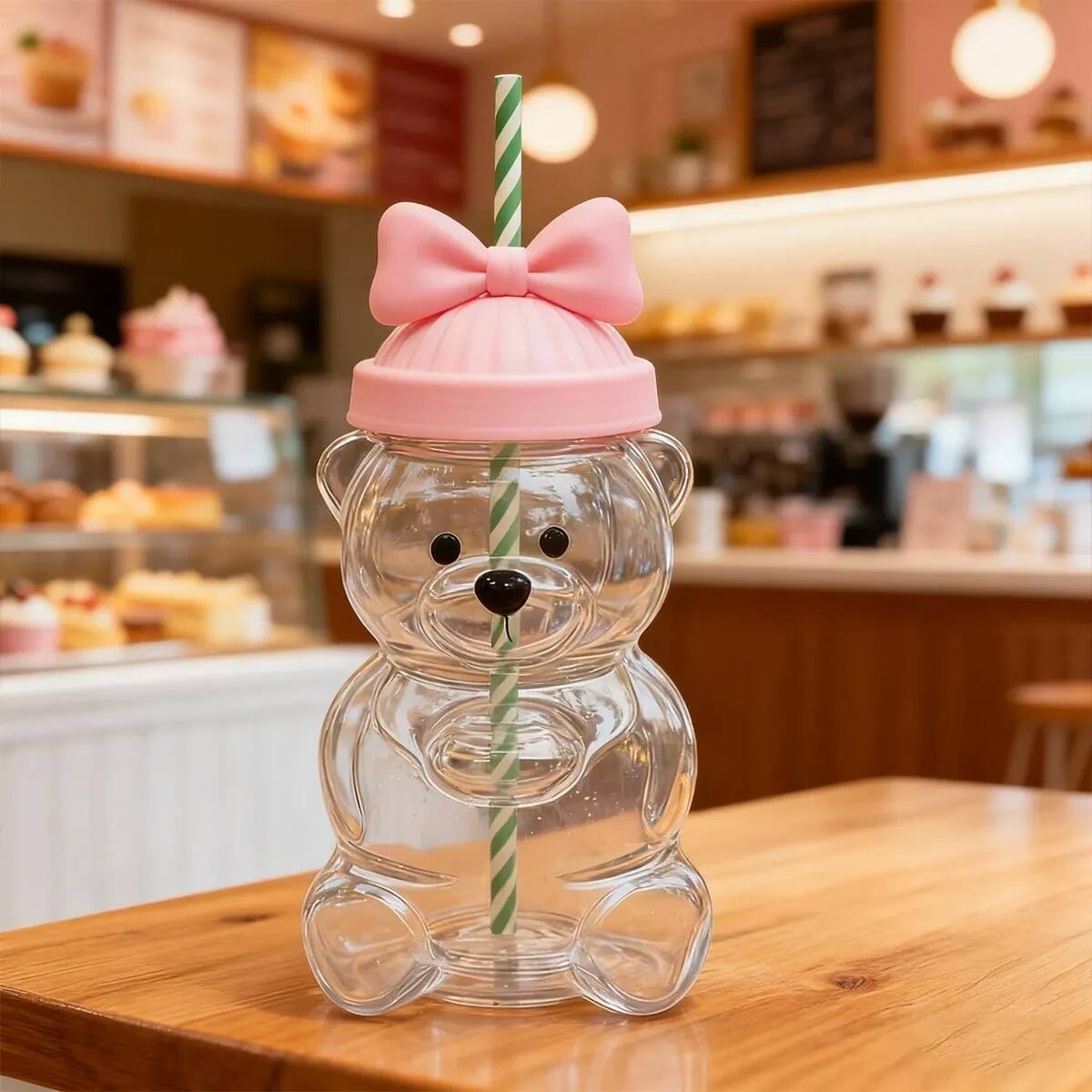 Front. Giantpower - 20oz Bear Cup with Straw, Cute Coffee Mugs Glass Bear Cup for Coffee, Milk & Tea Drinks - Clear.