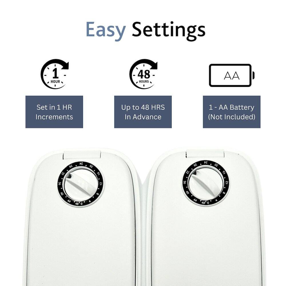 Easy Settings

- Set in 1 HR Increments
- Up to 48 HRS In Advance
- 1 - AA Battery (Not Included)