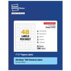 AVERY INDUSTRIAL™
HERE TO WORK™
48 LABELS PER SHEET
Go to avery.com/customize
Use Avery™ Template
Presta® 97197
Chemical Resistant
Abrasion Resistant
Waterproof
UV Resistant
Tear Resistant
25 Sheets
1200 Labels
1" X 1" Square Labels
UltraDuty® GHS Chemical Labels for Laser Printers