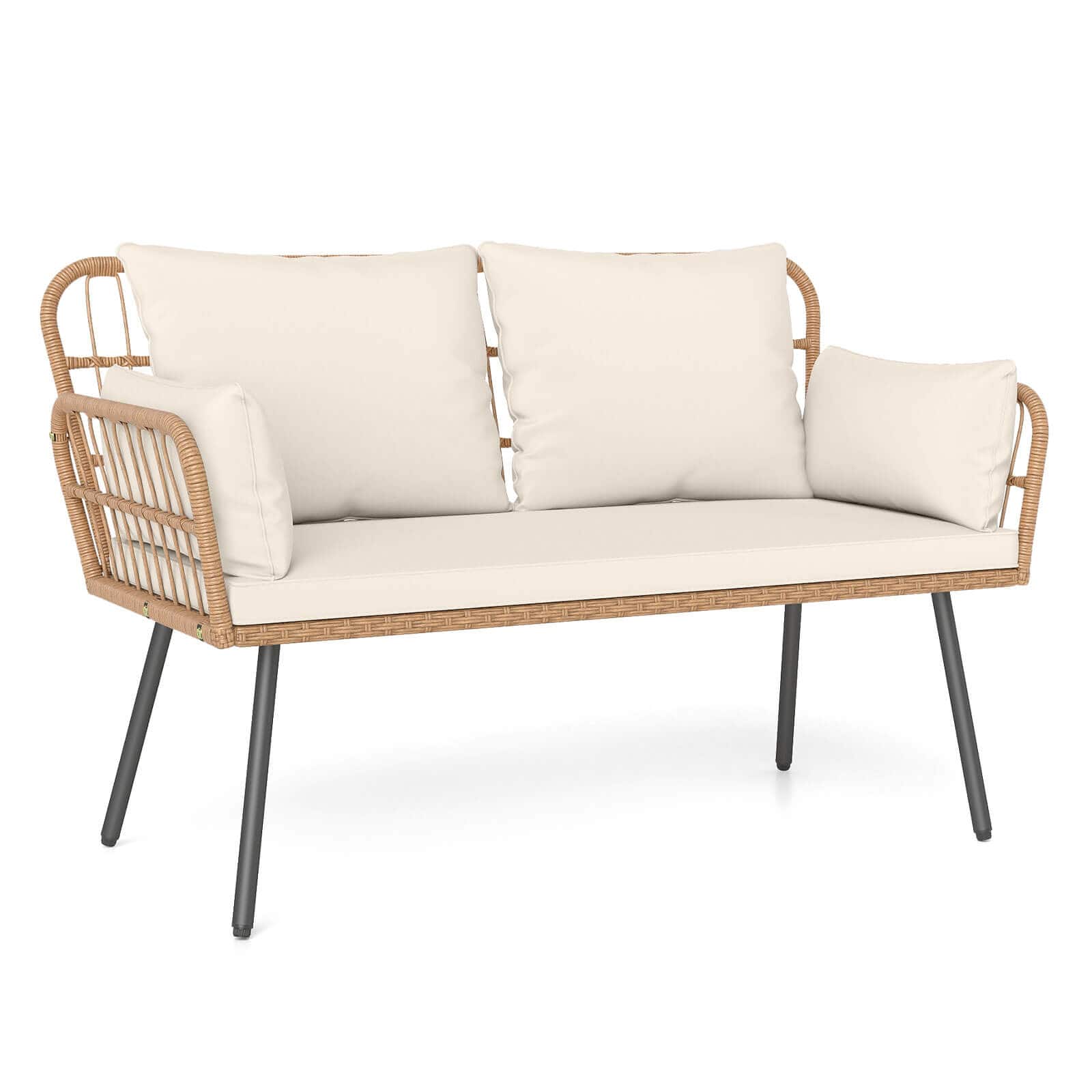 Costway - Patio Wicker Loveseat Furniture with Seat Back Cushions, Heavy-Duty Metal Legs - Off White