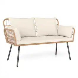 Costway - Patio Wicker Loveseat Furniture with Seat Back Cushions, Heavy-Duty Metal Legs - Off White