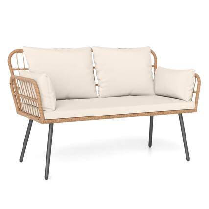 Front. Costway - Costway Patio Wicker Loveseat Furniture with Seat Back Cushions, Heavy-Duty Metal Legs - Off White.