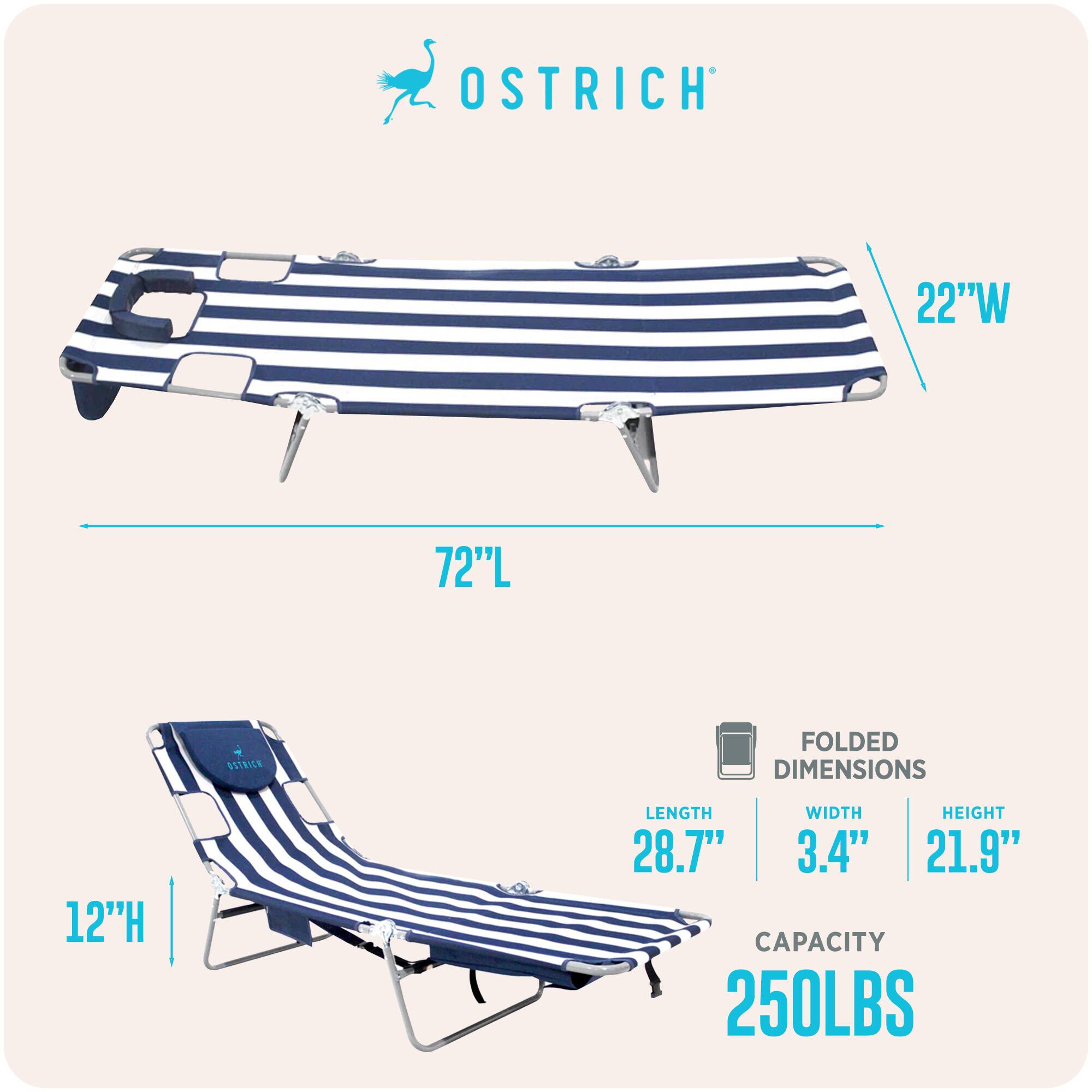 OSTRICH  
22"W  
72"L  
OSTRICH  
FOLDED DIMENSIONS  
12"H  
LENGTH WIDTH HEIGHT 28.7" 3.4" 21.9"  
CAPACITY 250LBS