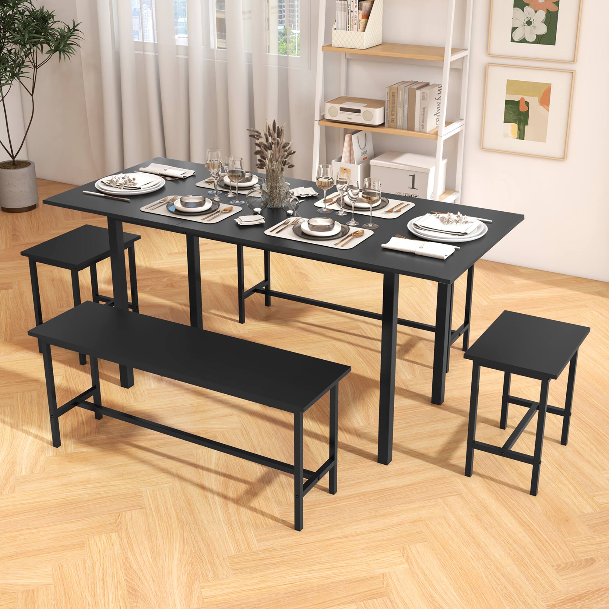 Alt View 4. Gymax - Gymax 5 PCS Dining Table Set for 4-6 w/ 2 Benches & 2 Stools Metal Frame Dining Room Black - Black.