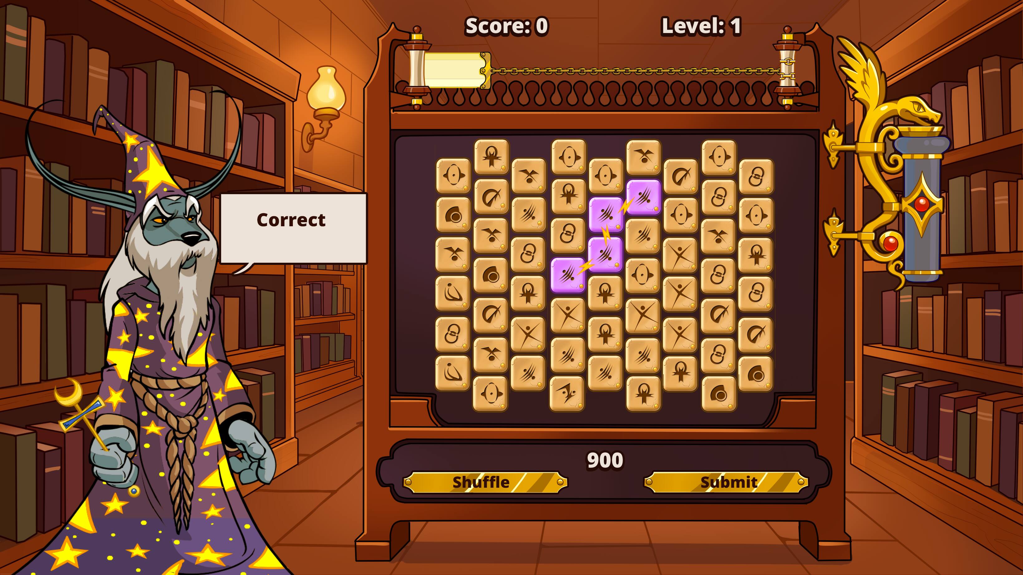 Score: 0  
Level: 1  
Correct  
Shuffle  
900  
Submit