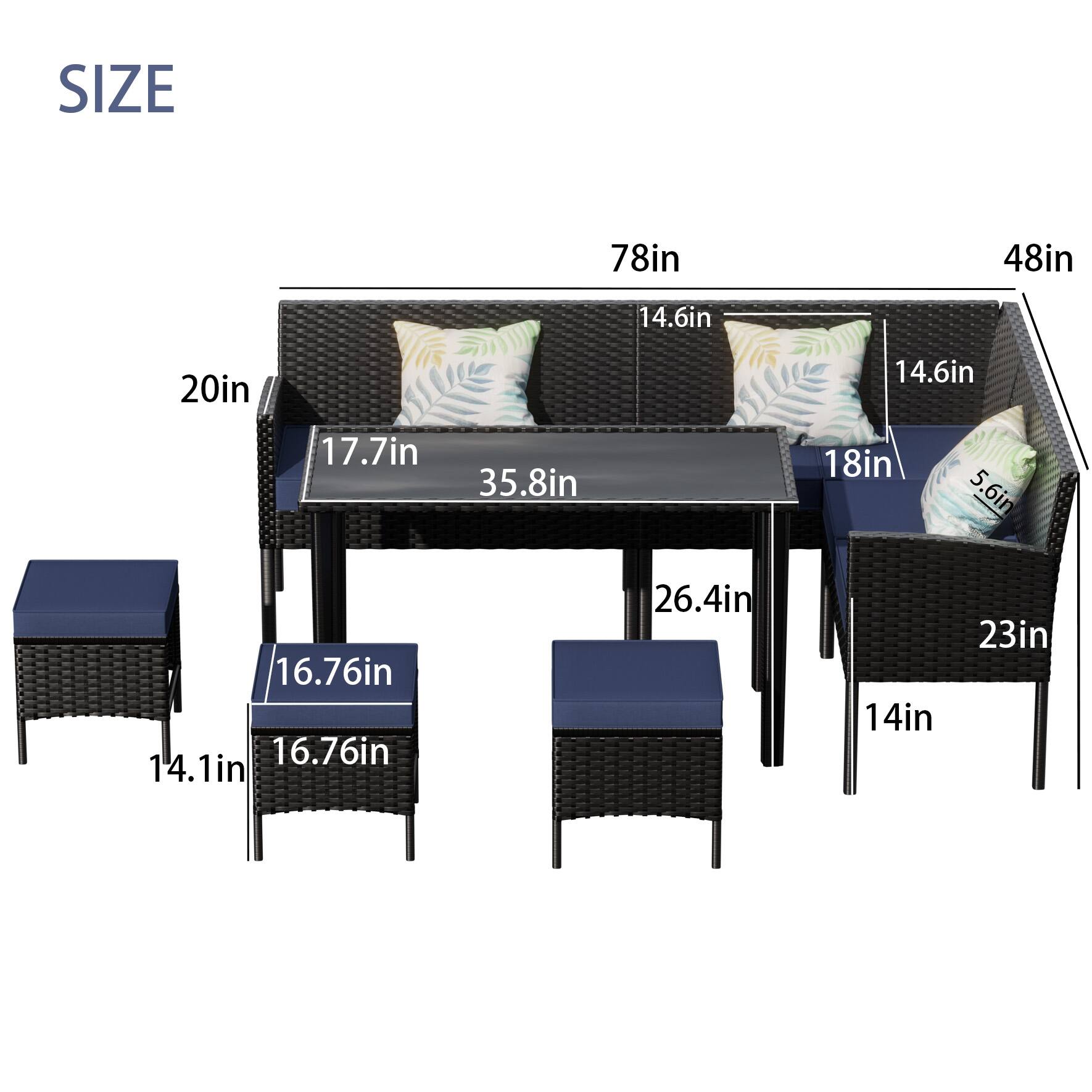 SIZE: 78in, 48in, 14.6in, 14.6in, 17.7in, 35.8in, 18in, 5.6in, 16.76in, 16.76in, 14.1in, 26.4in, 14in, 23in