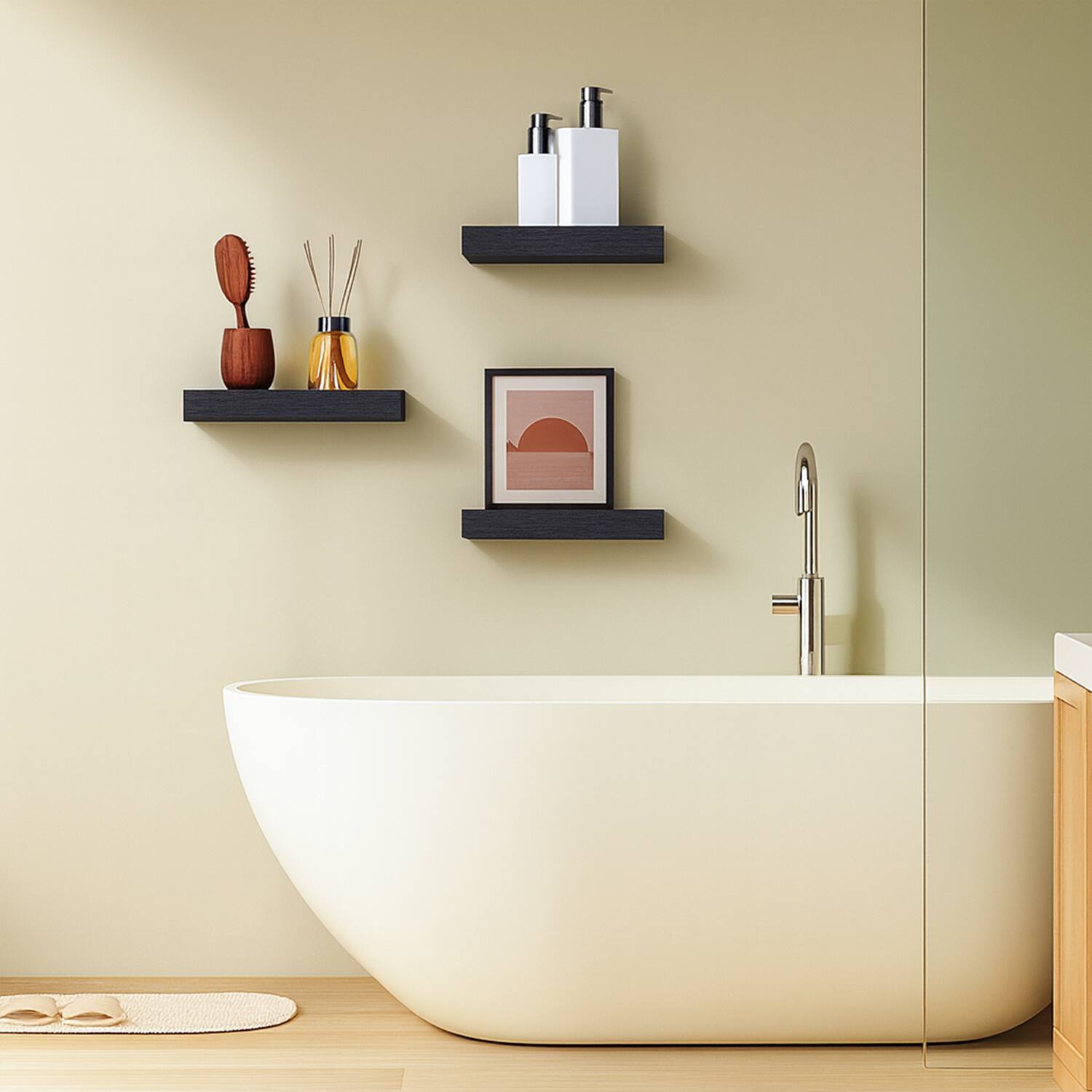 Alt View 3. BOMEDA - Floating Wall Shelves, Wooden Wall Shelf for Room or Bathroom Storage, Over Toilet Wall Organizer, 12x7x1.5 in, 3 Pack - Black.