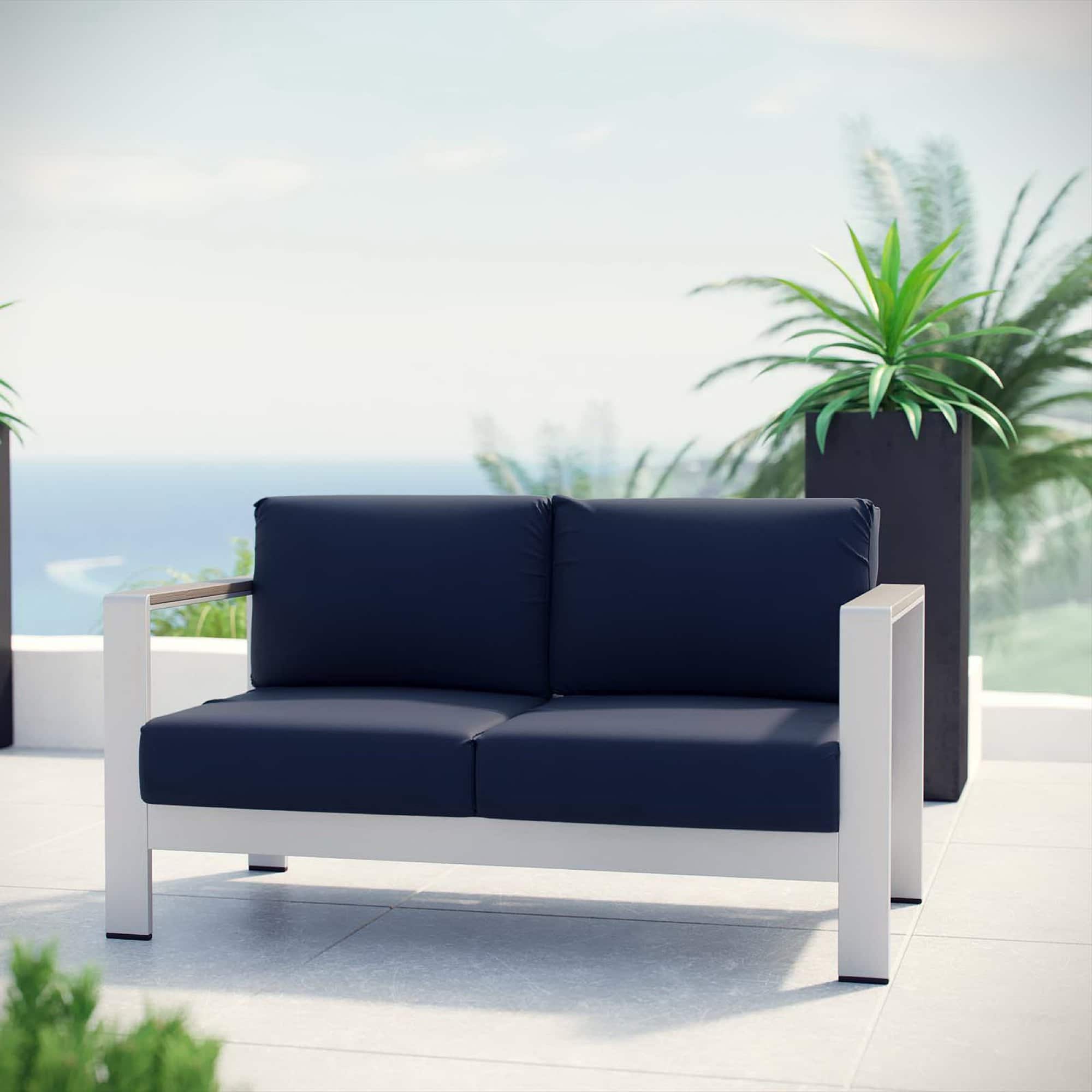 Shore Outdoor Patio Aluminum Loveseat by Modway - Silver Navy