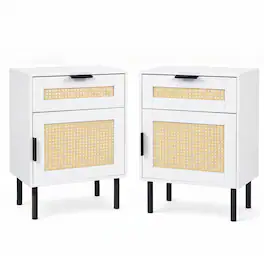 WELLFOR - Set of 2 Rattan Nightstands with Drawer and Storage Cabinet for Bedroom or Dorm - White