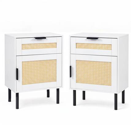 Front. WELLFOR - Set of 2 Rattan Nightstands with Drawer and Storage Cabinet for Bedroom or Dorm - White.