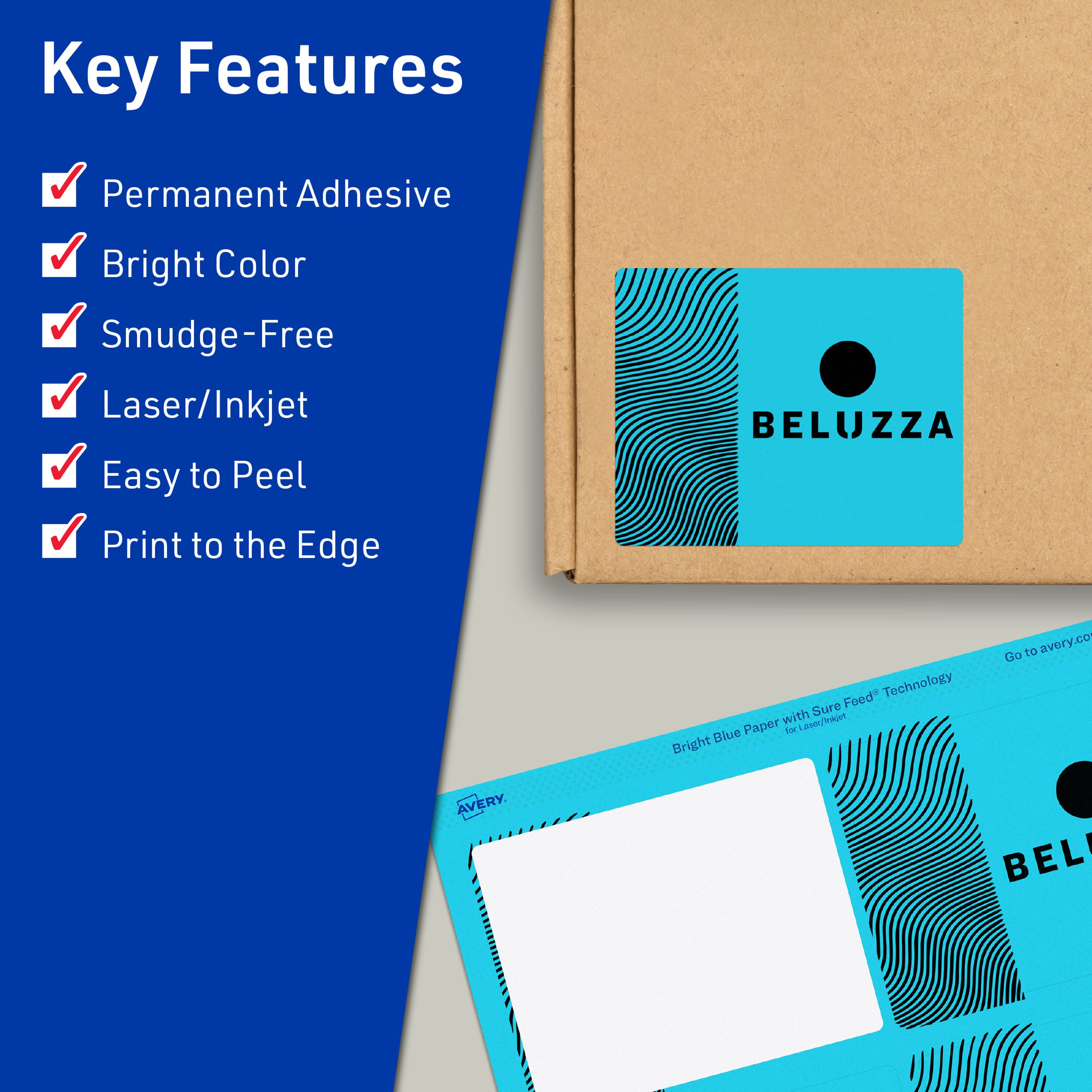 Key Features

- Permanent Adhesive
- Bright Color
- Smudge-Free
- Laser/Inkjet
- Easy to Peel
- Print to the Edge

BELUZZA Feed™ Technology with Sure Paper

Bright Blue Paper with Sure Feed™ Technology

Go to avery.com

AVERY