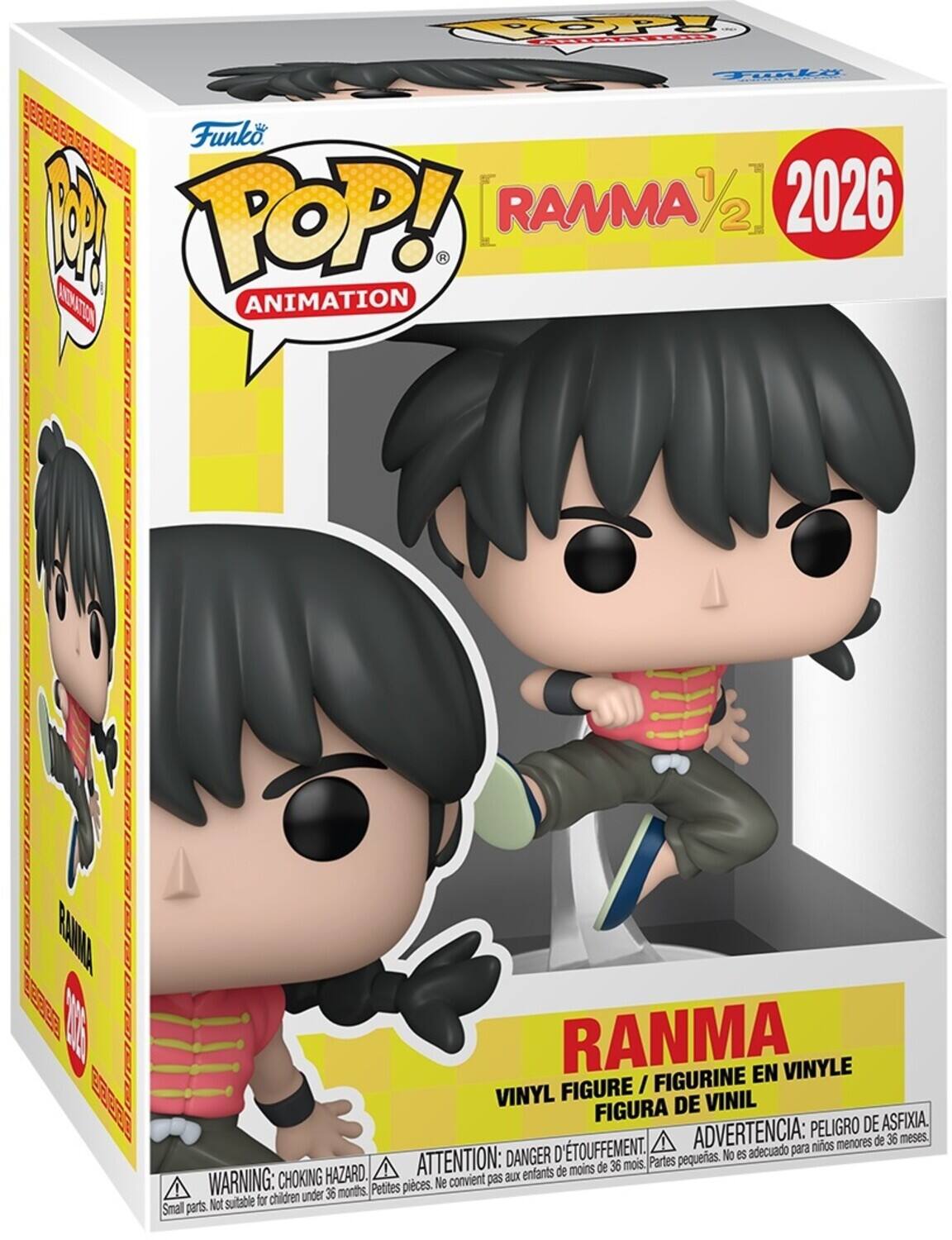 Sure, here is the corrected and grouped text from the image:

---

**Funko POP! Animation**

**RANMA 1/2**

**2026**

**RANMA**

VINYL FIGURE / FIGURINE EN VINYLE / FIGURA DE VINIL

**WARNING: CHOKING HAZARD.**  
Small parts. Not suitable for children under 36 months.

**ATTENTION: DANGER D'ÉTOUFFEMENT.**  
Petites pièces. Ne convient pas aux enfants de moins de 36 mois.

**ADVERTENCIA: PELIGRO DE ASFIXIA.**  
Partes pequeñas. No es adecuado para niños menores de 36 meses.

---