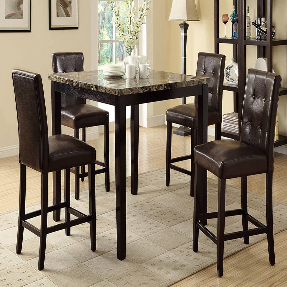 Alt View 4. Loheer - Loheer Faux Marble Dining Table, Square Counter Height Table for Modern Kitchens, Brown - Brown.