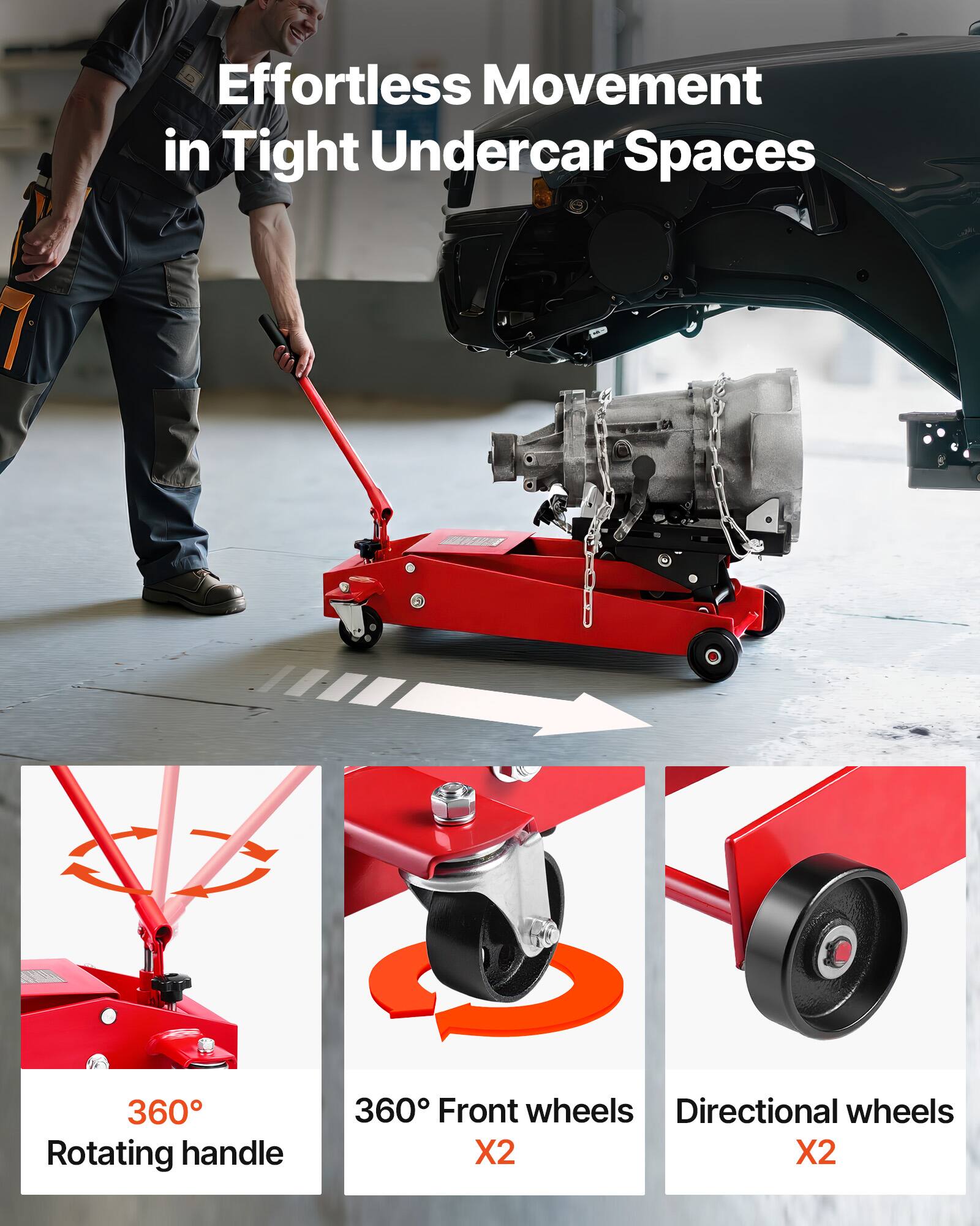 Effortless Movement in Tight Undercar Spaces

- 360° Rotating handle
- 360° Front wheels X2
- Directional wheels X2