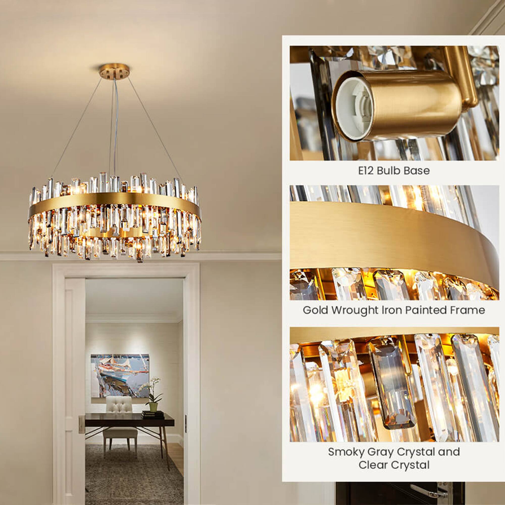 E12 Bulb Base  
Gold Wrought Iron Painted Frame  
Smoky Gray Crystal and Clear Crystal