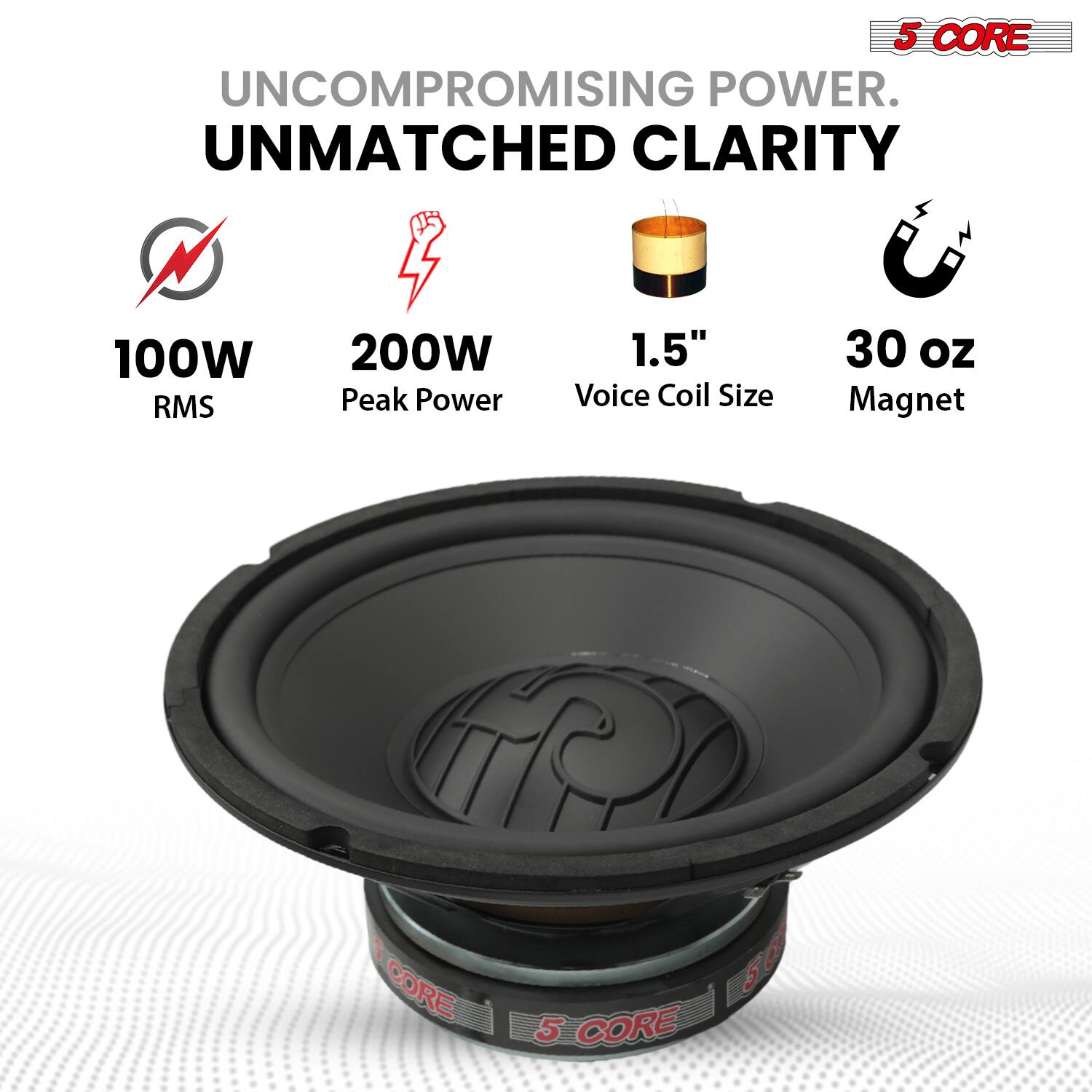 5 CORE  
UNCOMPROMISING POWER.  
UNMATCHED CLARITY  

100W RMS  
200W Peak Power  
1.5" Voice Coil Size  
30 oz Magnet