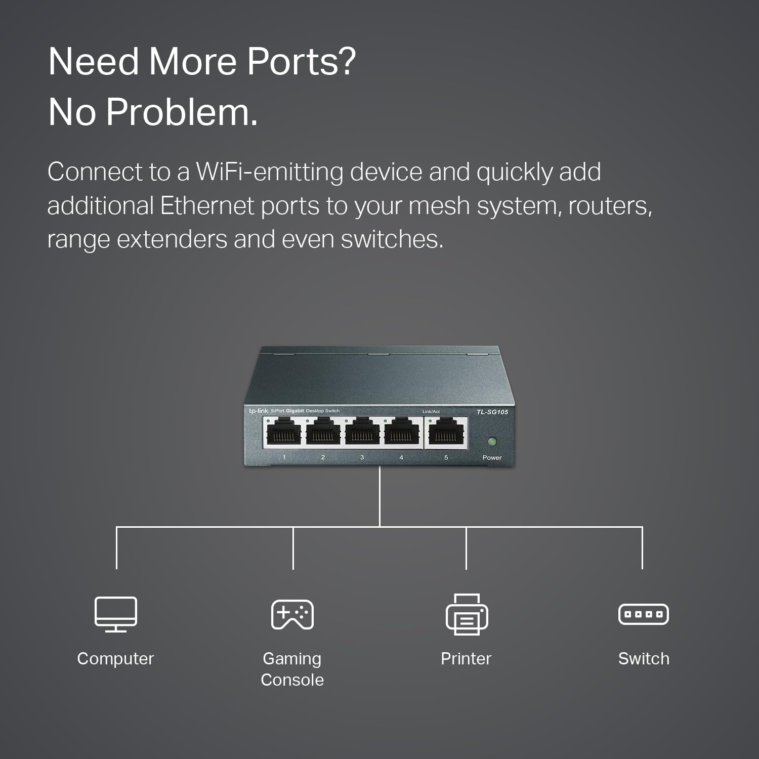 Need More Ports? No Problem.

Connect to a WiFi-emitting device and quickly add additional Ethernet ports to your mesh system, routers, range extenders and even switches.

Computer Gaming Console Printer Switch