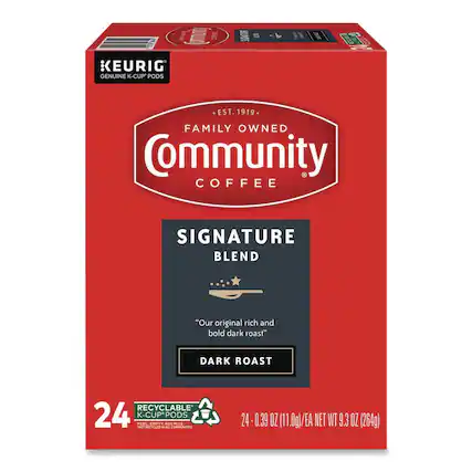 KEURIG GENUINE K-CUP PODS
EST. 1919 FAMILY OWNED
Community COFFEE
SIGNATURE BLEND
"Our original rich and bold dark roast"
DARK ROAST
RECYCLABLE
24 K-CUP*
PEEL ONCE EMPTY
24 - 0.39 OZ (11.0g)/EA NET WT 9.3 OZ (264g)
