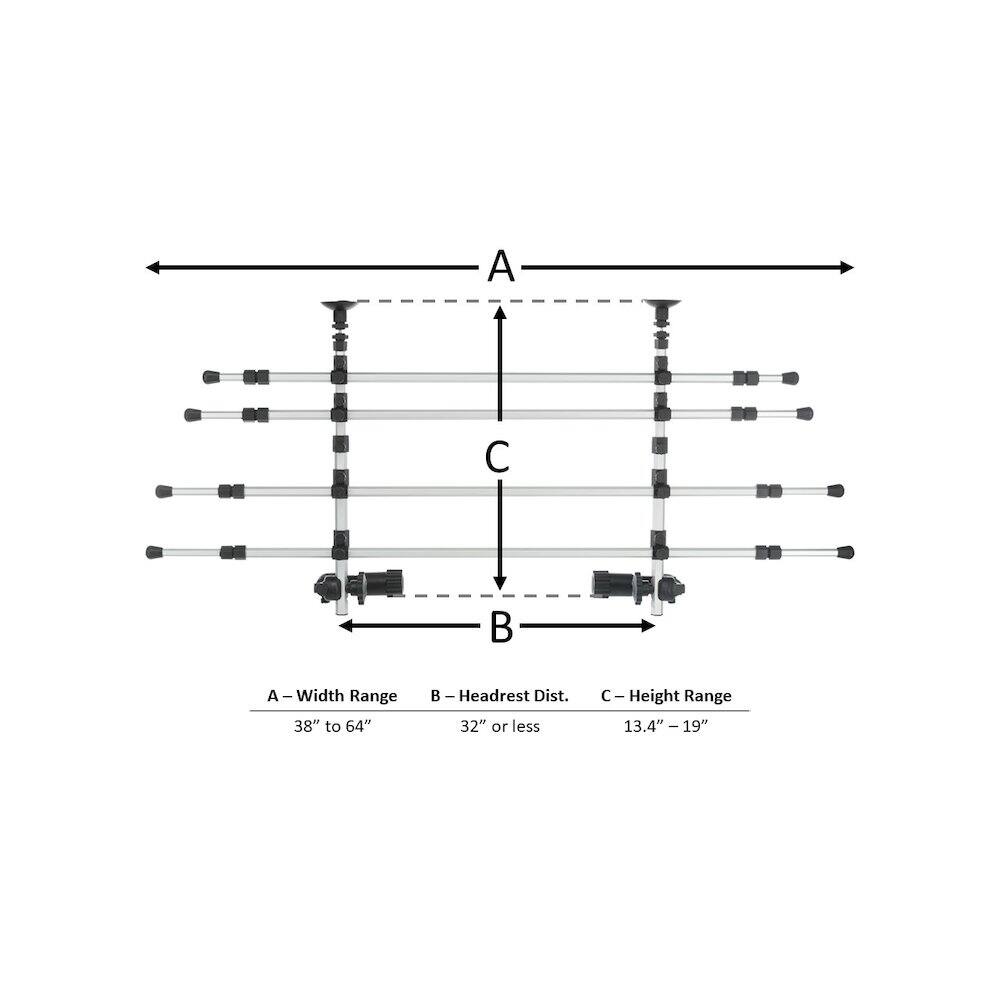 A - Width Range 38" to 64"  
B - Headrest Dist. 32" or less  
C - Height Range 13.4" - 19"