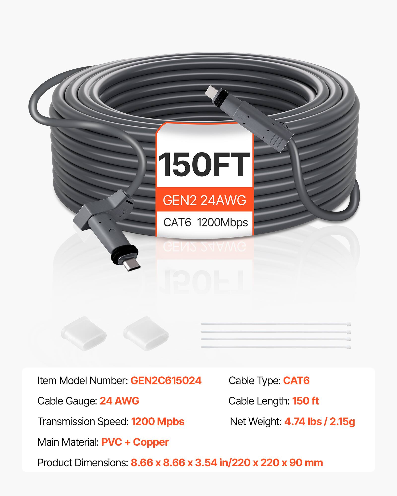 VEVOR Starlink Gen 2 Cable, 150 FT, 24 AWG Copper Core, Durable
