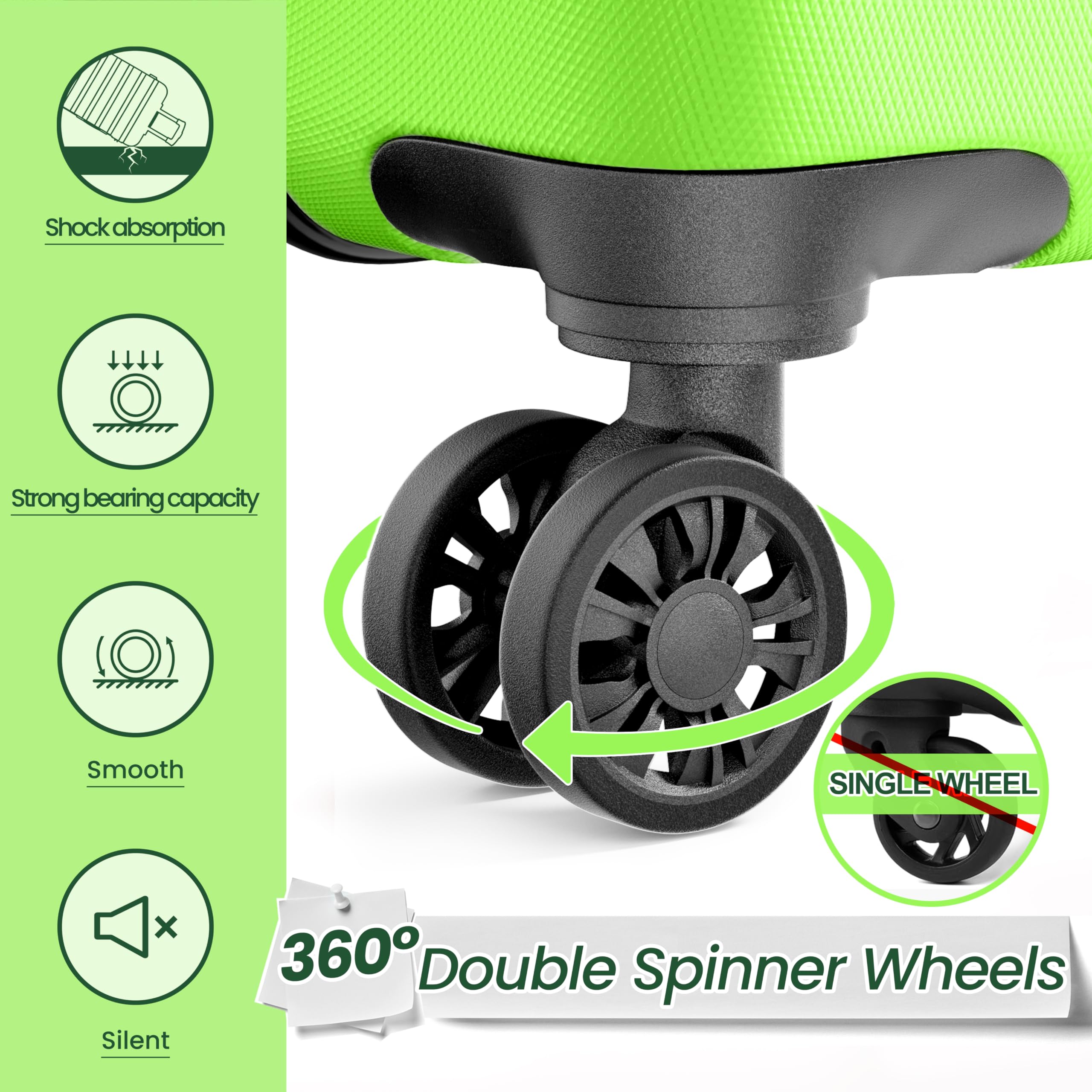 Shock absorption  
Strong bearing capacity  
Smooth  
Silent  
360° Double Spinner Wheels  
SINGLEWHEEL