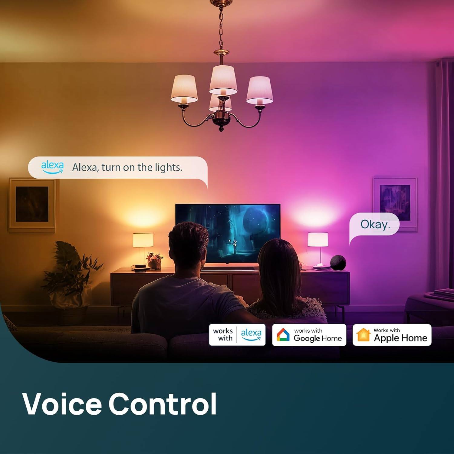 Alexa, turn on the lights.  
Okay.  

Voice Control  

works with Alexa  
works with Google Home  
Works with Apple Home