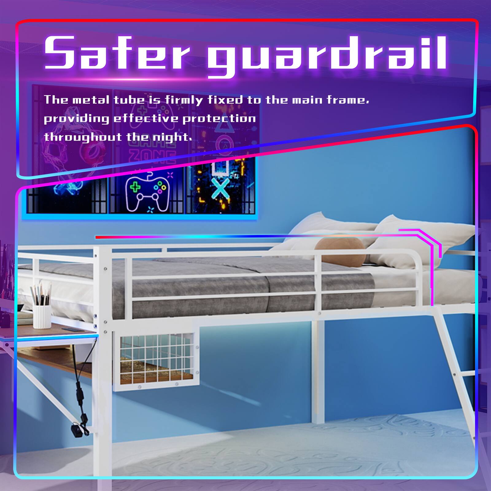 Safer guardrail  
The metal tube is firmly fixed to the main frame, providing effective protection throughout the night.