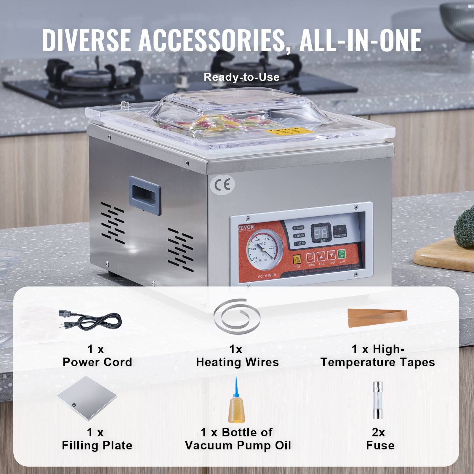 DIVERSE ACCESSORIES, ALL-IN-ONE
Ready-to-Use
CE
EVOR - L 1M eC 7EM L - A - A
A P mu &  Y vATUUM M
1 x Power Cord
1x Heating Wires
1 x High- Temperature Tapes
1 x Filling Plate
1 x Bottle of Vacuum Pump Oil
2x Fuse