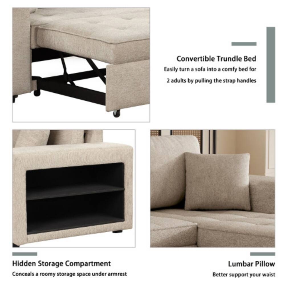 Convertible Trundle Bed  
Easily turn a sofa into a comfy bed for 2 adults by pulling the strap handles  

Hidden Storage Compartment  
Conceals a roomy storage space under armrest  

Lumbar Pillow  
Better support your waist