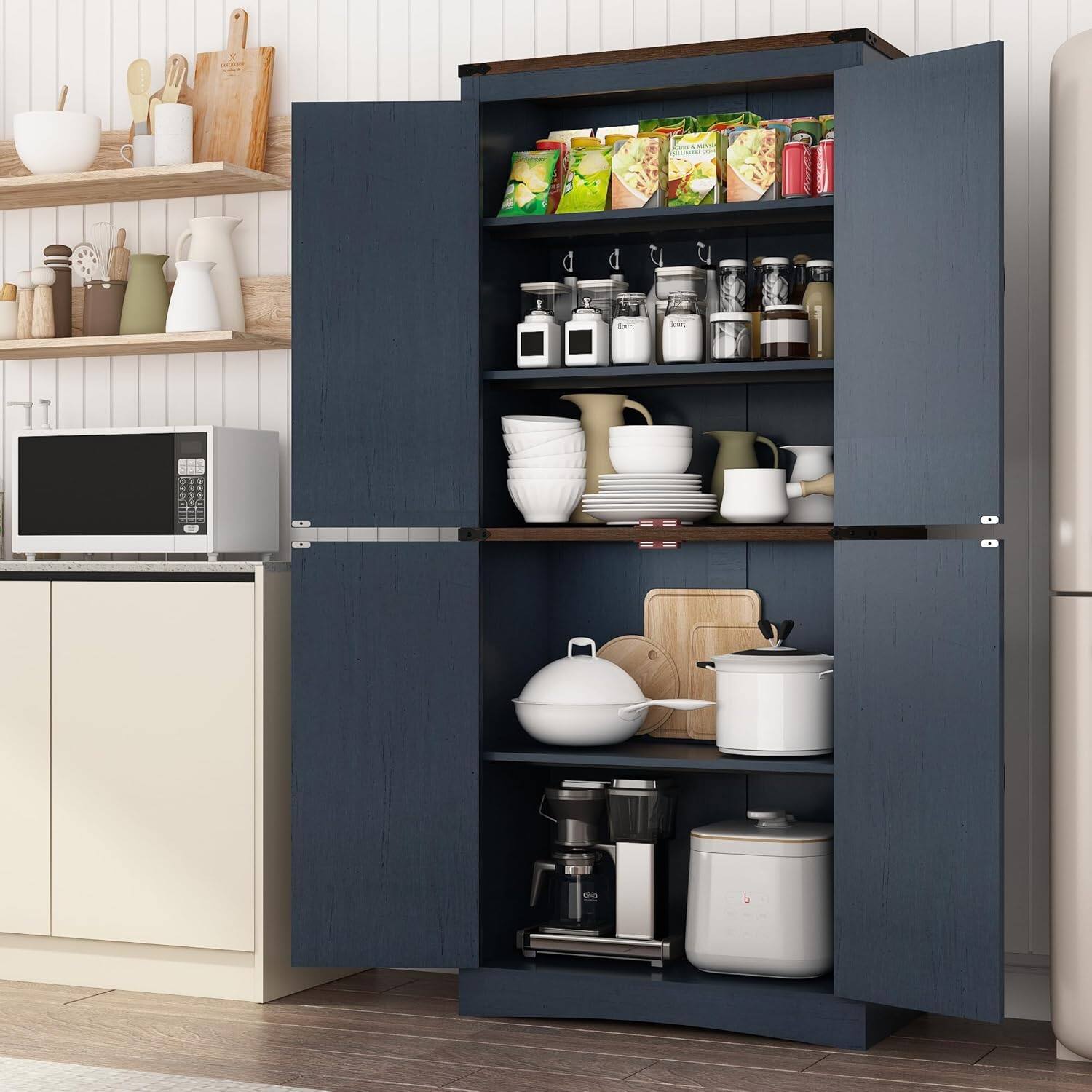 Angle. Espafurni - 71in Farmhouse Pantry - 4 Doors Cabinet, Adjustable Shelves, Steel Pipe for Kitchen & More - Rustic Blue.
