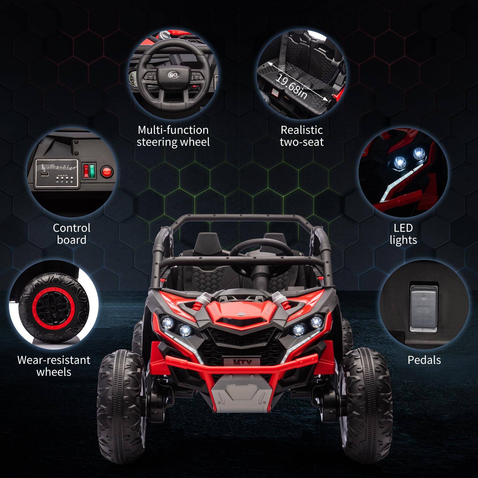 - Multi-function steering wheel
- Realistic two-seat (19.68in)
- Control board
- LED lights
- Wear-resistant wheels
- Pedals