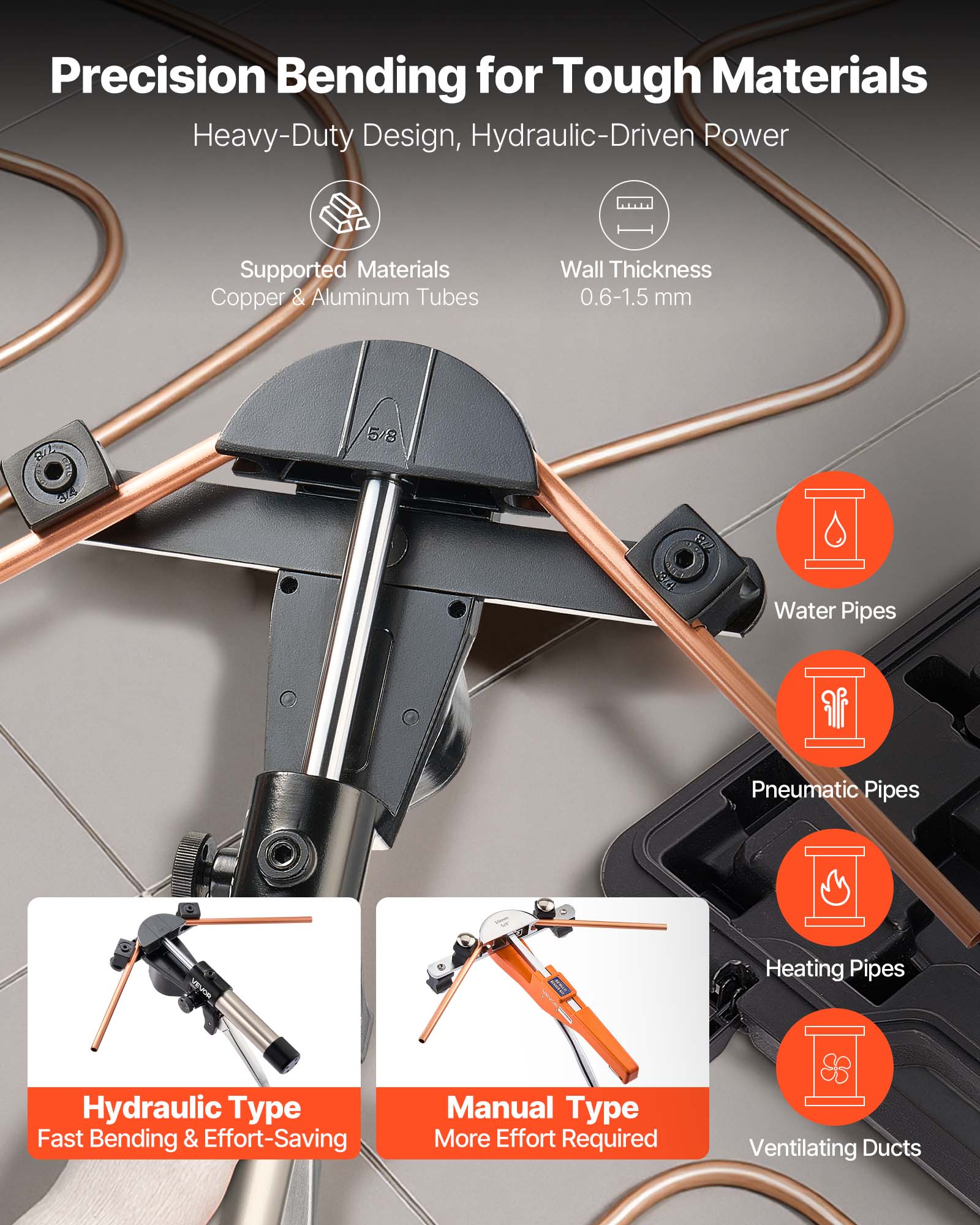 Precision Bending for Tough Materials  
Heavy-Duty Design, Hydraulic-Driven Power  

Supported Materials:  
Copper & Aluminum Tubes  

Wall Thickness:  
0.6-1.5 mm  

Water Pipes  
Pneumatic Pipes  
Heating Pipes  
Ventilating Ducts  

Hydraulic Type:  
Fast Bending & Effort-Saving  

Manual Type:  
More Effort Required