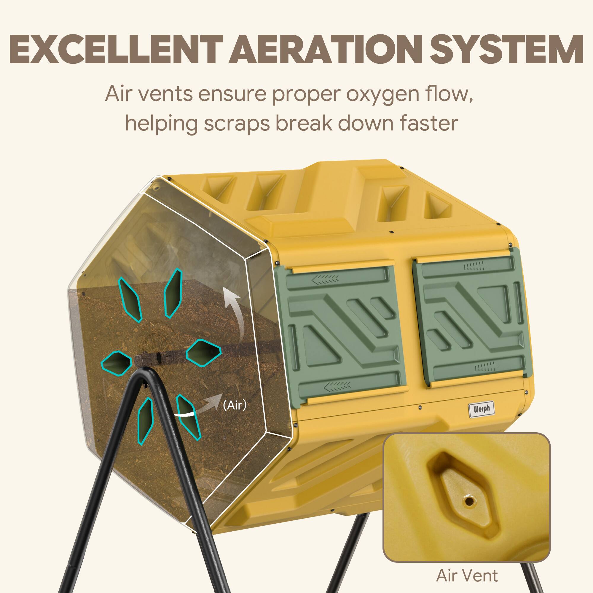 EXCELLENT AERATION SYSTEM

Air vents ensure proper oxygen flow, helping scraps break down faster

(Air)

Werph Air Vent