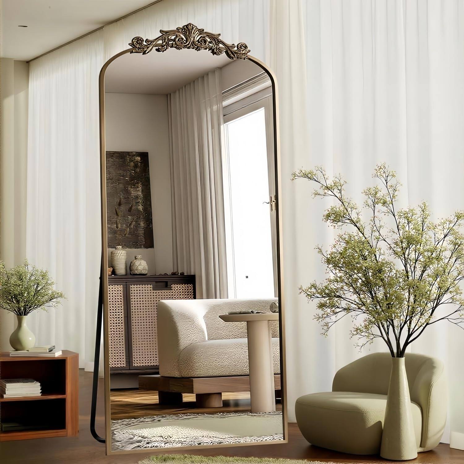 Front. Hanke - Arched Full Length Mirror Large Floor Body Mirrors For Leaning Or Hanging Standing Bedroom Living Room - Bronze 71"L x 28"W.