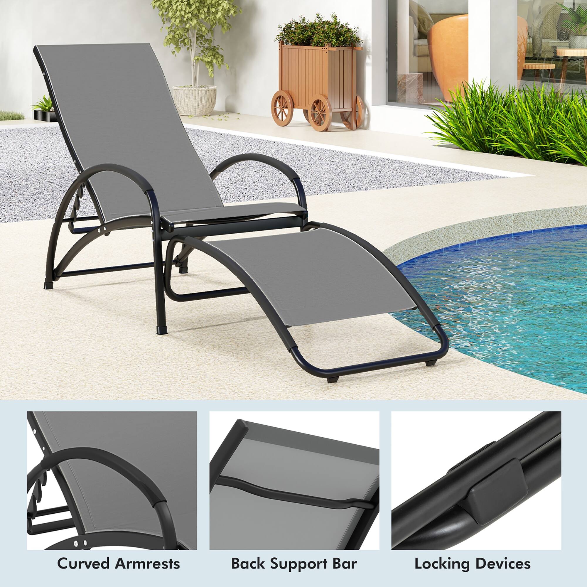 Curved Armrests  
Back Support Bar  
Locking Devices