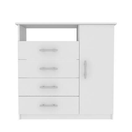 Front. TuHome - Peru 4 Drawer Dresser, Single Door Cabinet, One Open Shelf, Superior Top - White.
