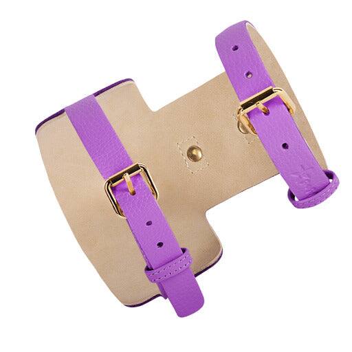 Angle. PoisePup - Luxe Adjustable Leather Harness Vest, Soft with Bow and Crystal for Dogs - Purple.