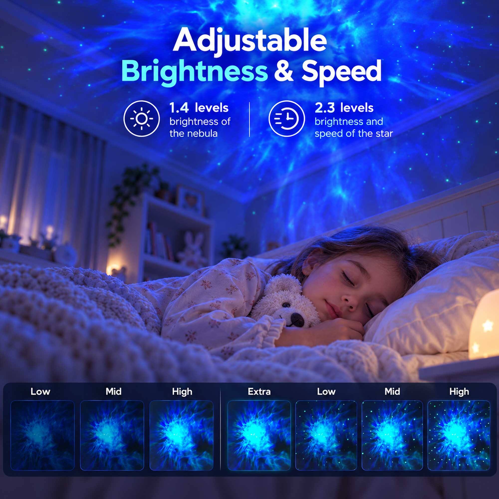 Adjustable Brightness & Speed

1.4 levels brightness of the nebula

2.3 levels brightness and speed of the star

Low Mid High Extra Low Mid High