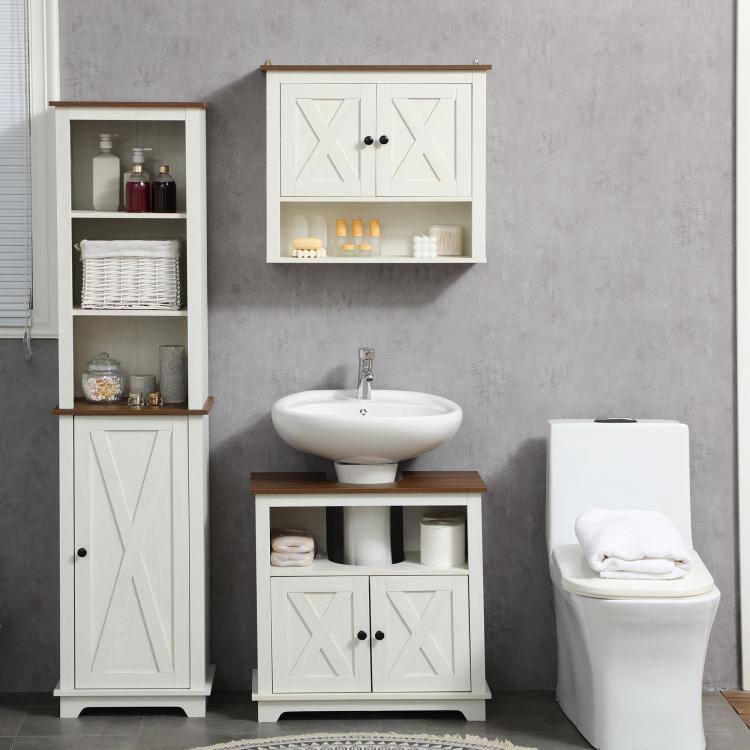 Alt View 9. PULUZ - Modern Farmhouse Bathroom Sink Cabinet, Pedestal Sink Storage Cabinet with Double Doors and Shelves - White.