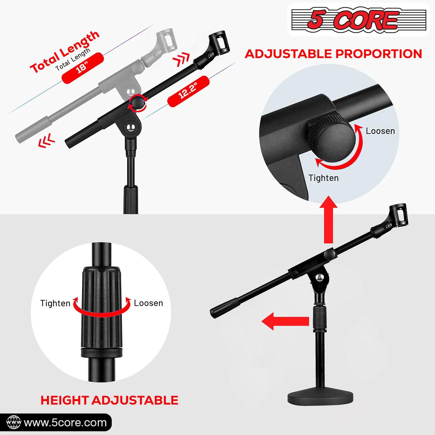Length: 18" >> 12.2"
Total Length: 18" >> 12.2"
5 CORE ADJUSTABLE PROPORTION
Loosen Tighten
Tighten Loosen
HEIGHT ADJUSTABLE
www.5core.com