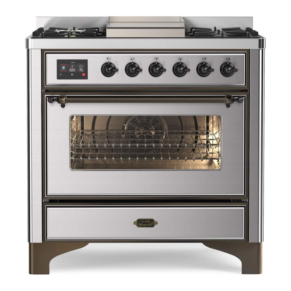 ILVE - Majestic II 36 inch Dual Fuel Range with 6 Burners + Griddle (Natural Gas, Stainless Steel, Burnished Trim) - Stainless Steel