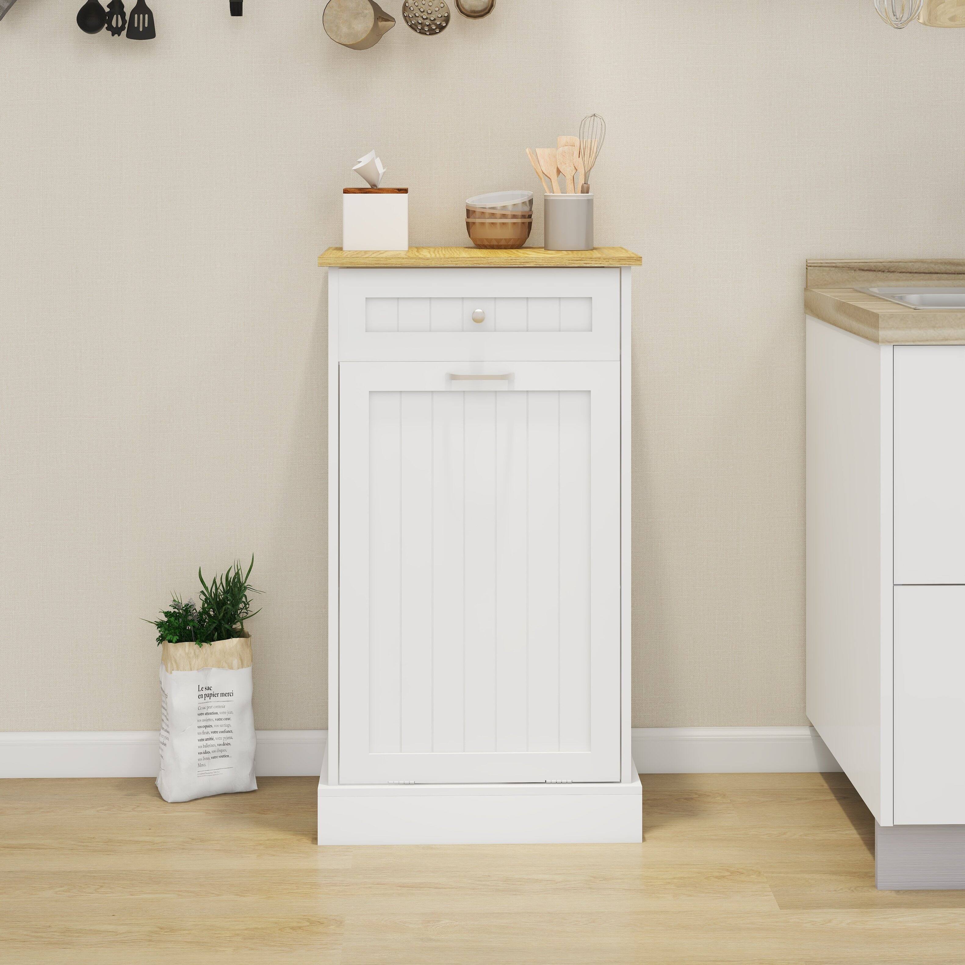 Angle. APRILSOUL - White E1 MDF Trash Cabinet with Tilt Out Design for Kitchen Island Laundry Box and Recycling Use - White.