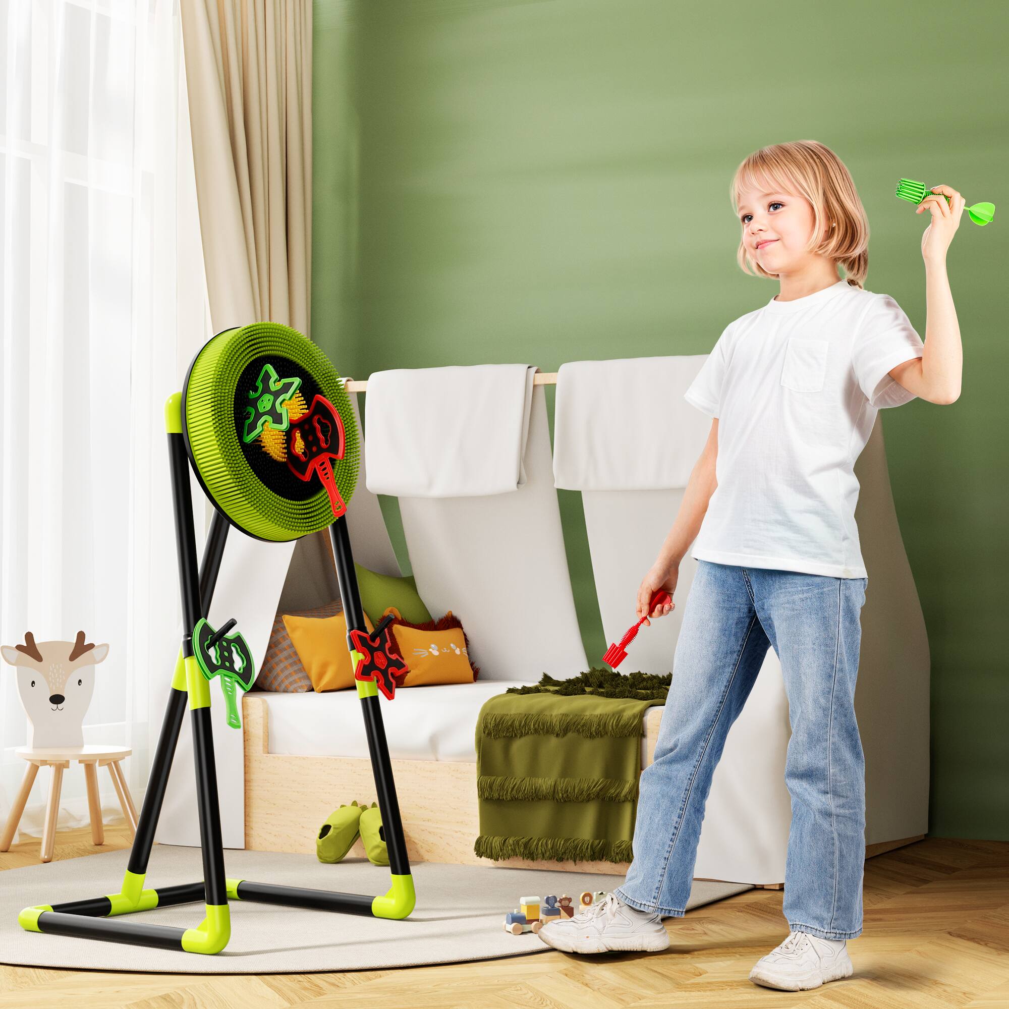 Back. Topteng - 3-in-1 Axe & Dart Throwing Game Set for Kids - Safe Indoor/Outdoor Toy with Target Board, Portable Backyard Party Game - Green.