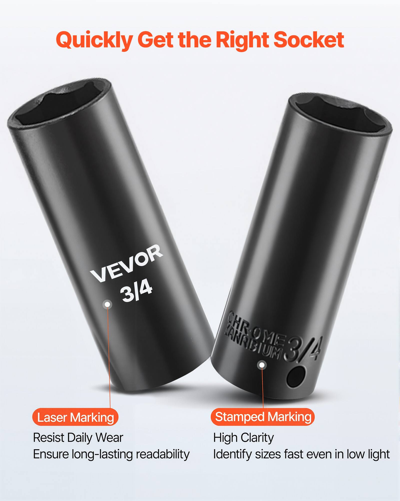 Quickly Get the Right Socket

VEVOR 3/4

Laser Marking
- Resist Daily Wear
- Ensure long-lasting readability

Stamped Marking
- High Clarity
- Identify sizes fast even in low light